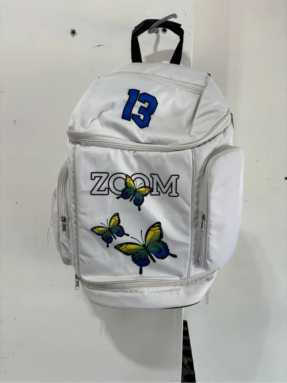 White 'ZOOM' Butterfly Backpack with Blue '13'